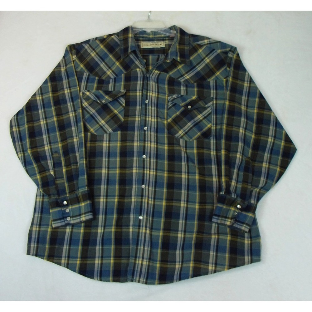 Bit & Bridle Mens 3X Blue Plaid Pearl Snap Long‎ Sleeve Button Up Western